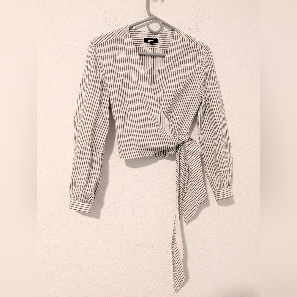 Rag & Bone Grey Striped Cotton Linen V-Neck Long Sleeve Cropped Wrap Blouse - Picture 5 of 9